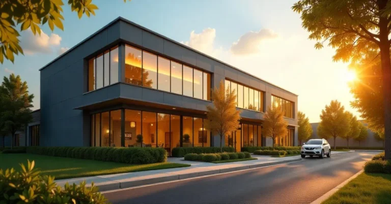 Modern office building at sunset, representing Hamro Solar LLC’s commitment to sustainable and innovative solar energy solutions.