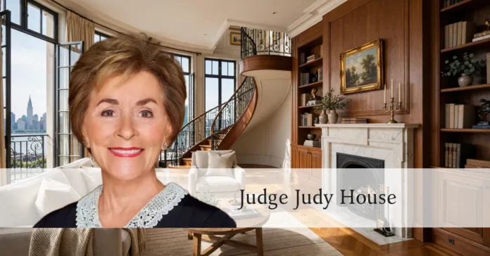 Spacious living room inside Judge Judy's NYC penthouse with East River views and elegant fireplace