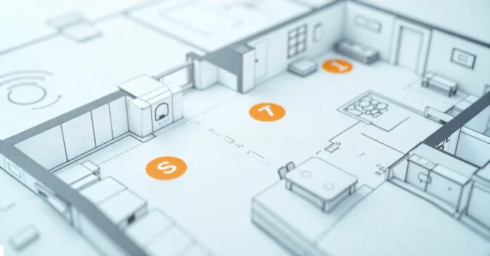 Smart home floor plan symbols showing connected devices like lights cameras and thermostats on architectural blueprint