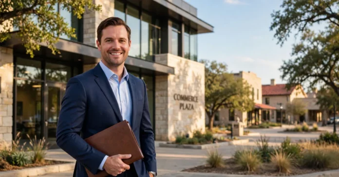 Les Broyles, New Braunfels commercial real estate broker, standing outside a modern Texas office building