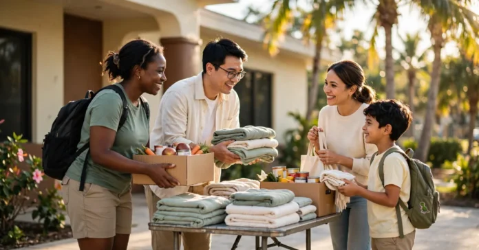 St. Matthews House volunteers giving food and clothing to a family in Naples FL