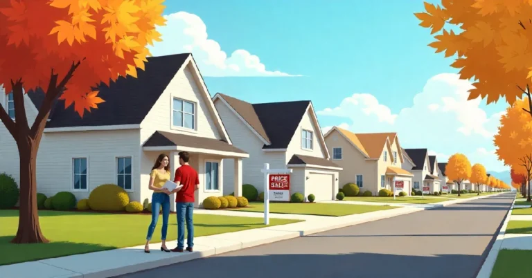 Couple viewing homes for sale under autumn sky, showing housing market 2025 and House Price Index trends.