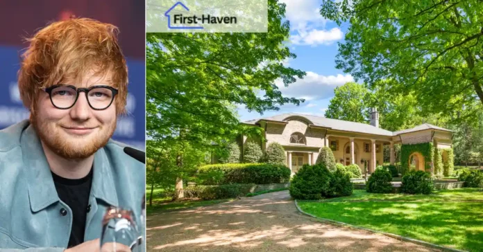 Ed Sheeran House luxury & surrounded by lush greenery, featuring a grand architectural design and a serene driveway.