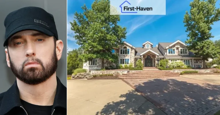 Eminem House luxurious mansion featuring a grand stone façade, surrounded by lush greenery and a spacious driveway under a clear blue sky.