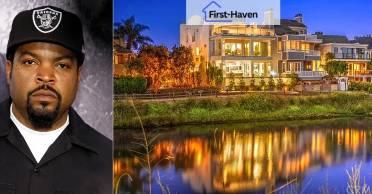 Luxurious Ice Cube House and waterfront home illuminated at night, featuring modern architecture, large glass windows, and a serene lake reflection.