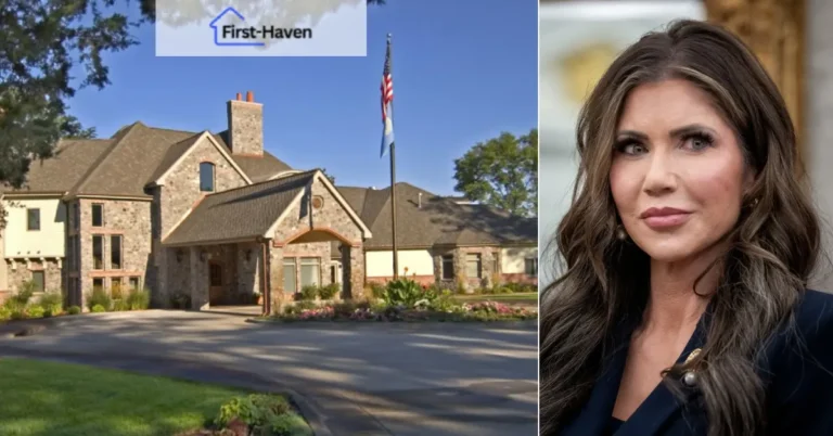 Kristi Noem House featuring a grand stone residence with an American flag and a portrait of Kristi Noem.