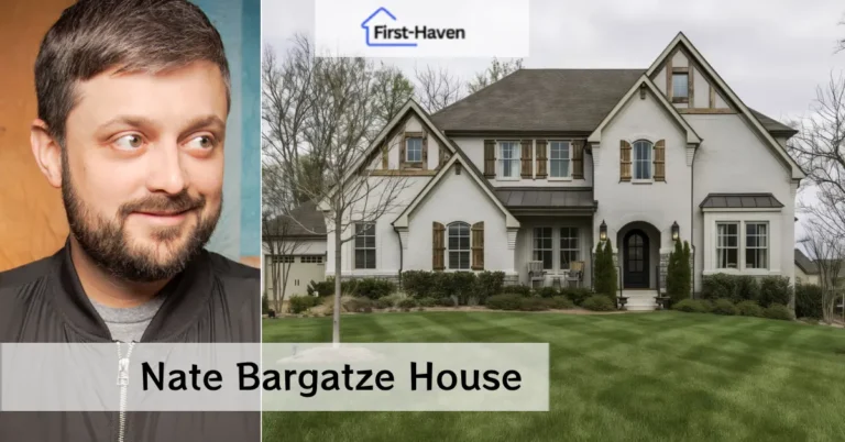 Nate Bargatze house in Brentwood featuring white brick exterior with brown shutters alongside a portrait of the deadpan comedian