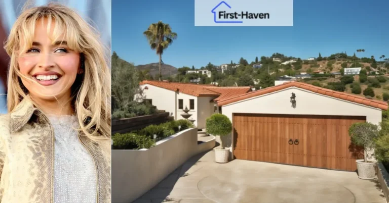 Sabrina Carpenter House in the Hollywood Hills, showcasing a Spanish Colonial-style exterior with a terracotta roof, wooden garage door, and lush landscaping.