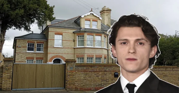 Exterior view of the Tom Holland House, a luxurious multi-story mansion nestled in a prestigious London neighborhood.