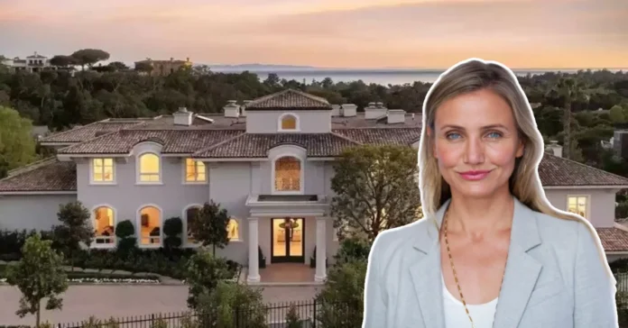 Cameron Diaz standing in front of her elegant mansion, showcasing the upscale charm and design of a Cameron Diaz House in 2025.