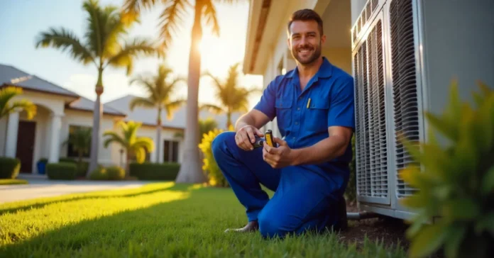 Professional HVAC technician repairing air conditioning unit outside Riverview Florida home - HVACinRiverview.com AC repair service