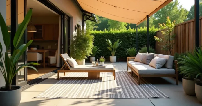 Markiseteppe awning carpet installed on outdoor patio with furniture showing comfortable outdoor living space setup