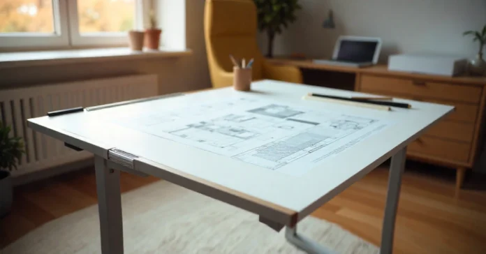 Altek drafting table act 36048 with tilted surface and metal frame in modern home office workspace with blueprints and drafting tools