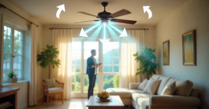 ceiling fan spinning counterclockwise direction for summer cooling with arrows showing proper rotation