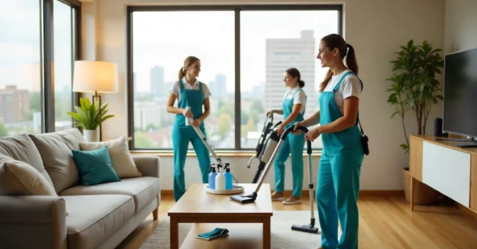 CleaningServicesGrandRapidsMI.com about professional cleaning team working in Grand Rapids home with cleaning supplies