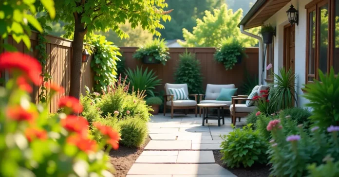 Garden Tips DecorAdHouse showing organized backyard with colorful flowers stone pathway and outdoor seating area