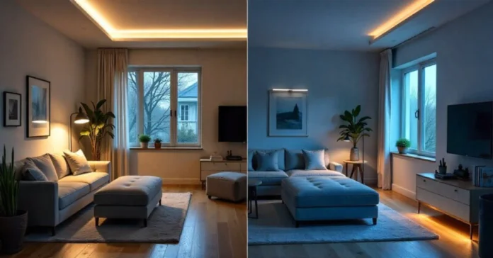 Modern living room with layered lighting solutions showing pendant lights LED strips and ambient lighting for home design