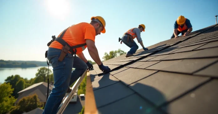 Roofing team from Dubuque Roofing Company Brent John Deere repairing a home roof in Iowa with trusted service.