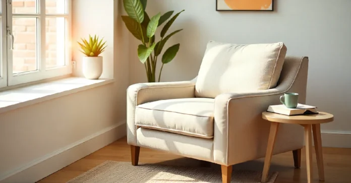 SN 503930563070 Ashley accent chair in beige fabric positioned in modern living room