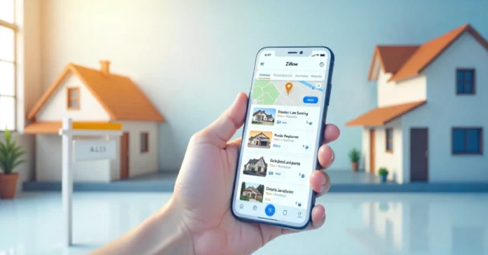 Smartphone showing Zillow real estate app with property listings and search features for home buyers