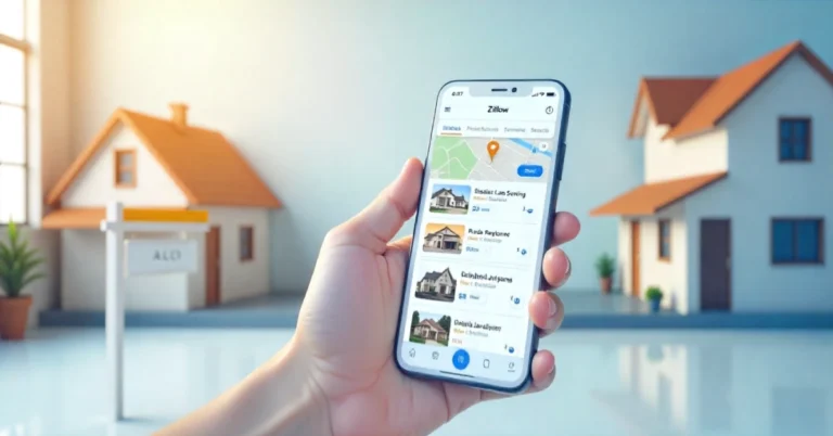 Smartphone showing Zillow real estate app with property listings and search features for home buyers