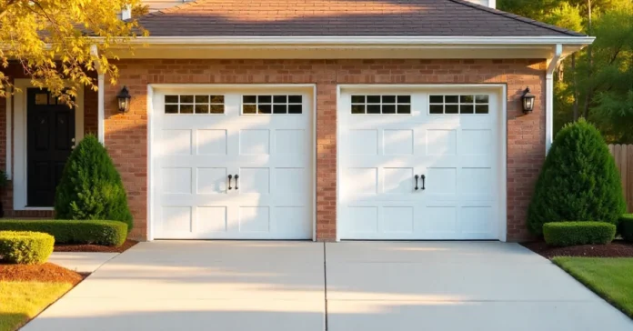 Two-car garage at 155 Finley Dr Commerce GA 30529 showing white insulated doors, concrete driveway, and landscaping