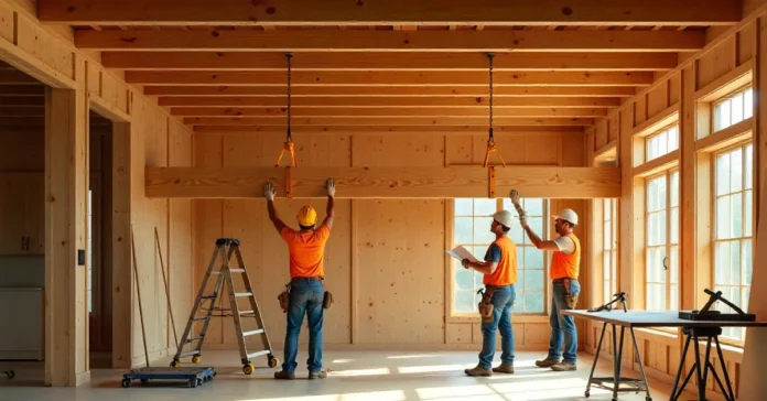 Workers installing a 24x6x12 wood beam for residential framing and load-bearing wall support.