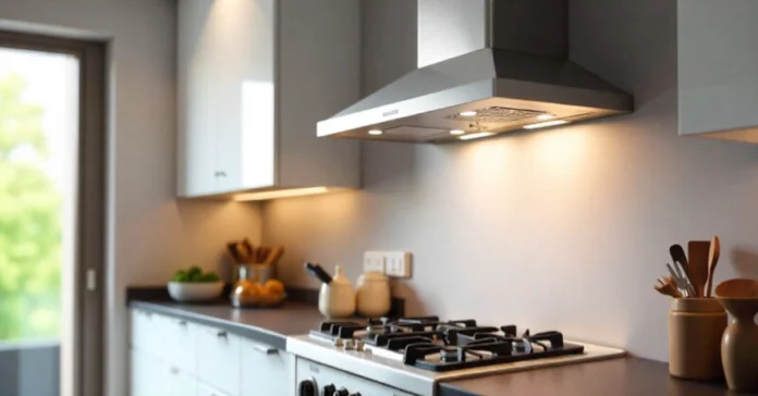 486 Gelyney Extractor Hood installed in modern kitchen with LED lighting above gas cooktop and stainless steel finish