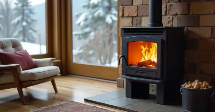 alpine by comfortbilt hp41 pellet stove amazon heating a cozy modern living room with warm glowing fire.