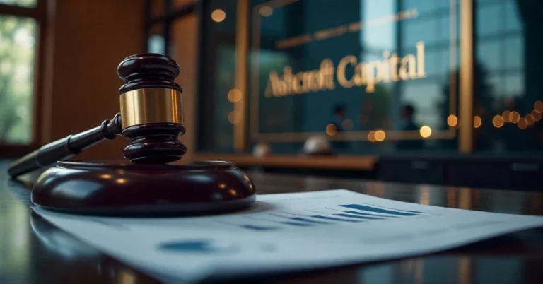 Ashcroft Capital lawsuit illustration showing corporate building, legal documents, and financial charts under investigation.