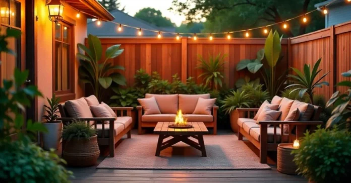 Backyard Hacks Decadgarden setup showing cozy lights, plants, and seating that make outdoor living effortless.