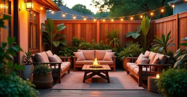 Backyard Hacks Decadgarden setup showing cozy lights, plants, and seating that make outdoor living effortless.
