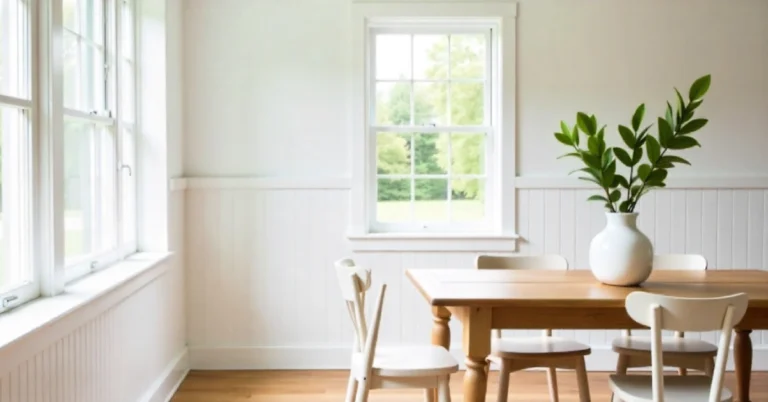 Modern living room showcasing Beadboard Trim Ideas with white wainscoting and cozy classic design.
