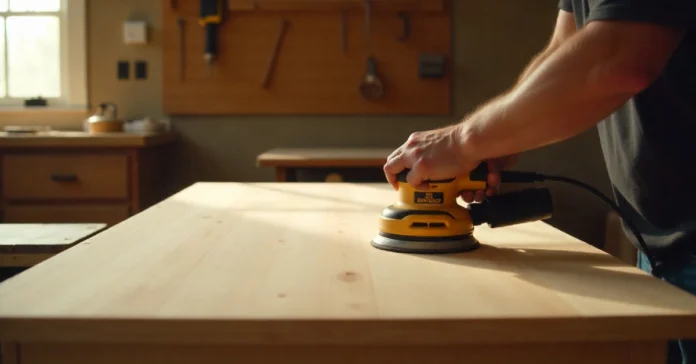 Person using the best sander for furniture to refinish a wooden dresser in a home workshop.