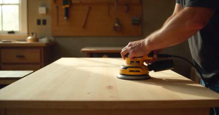 Person using the best sander for furniture to refinish a wooden dresser in a home workshop.