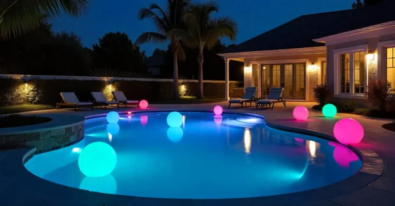 Resort-style pool at night glowing with solar lights — Best Solar Light Swimming Pool Hacks for eco beauty.