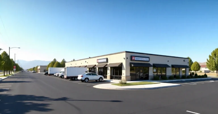 Front view of commercial property 929 Garden Hwy Yuba City CA with ample parking and rear access.