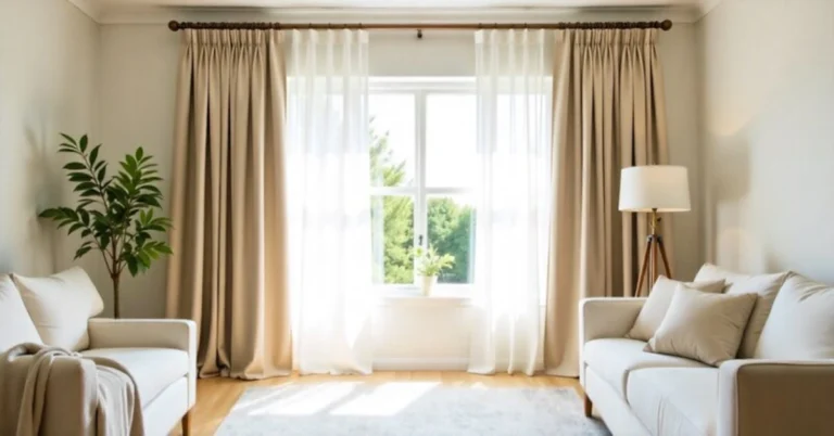 Modern curtains in living room showing thermal curtains with sheer panels for light control and energy savings