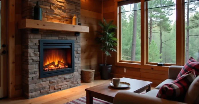 Modern cabin with Electric Fireplace Installation in Fannin County showing warm, safe, and stylish living space.