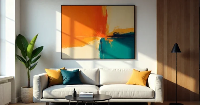 Emphasis home art example showing bold artwork as living room focal point with neutral decor and natural lighting design