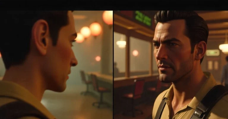 Fallout New Vegas ear skin hazy interior comparison showing vanilla blurry textures versus modded clear character skin and bright interior lighting