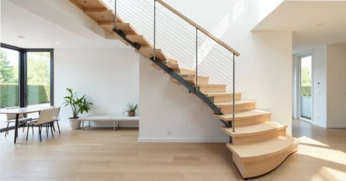 Floating Staircase Design in Modern Home Modern floating staircase with wooden treads and steel stringer in open concept home interior showing minimalist design