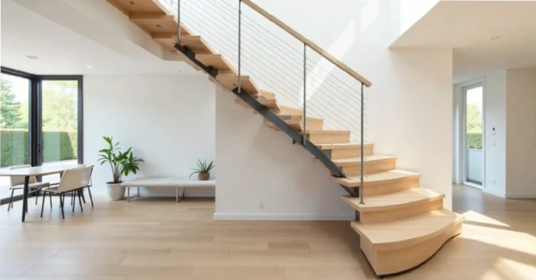 Modern floating staircase with wooden treads and steel stringer in open concept home interior showing minimalist design