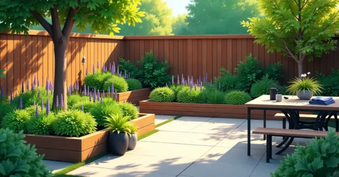 Lush backyard with native plants, fountain, and tools, showcasing Garden Advice Homenumental’s tips for a stylish, eco-friendly garden.