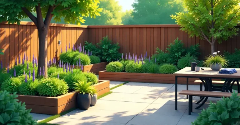 Lush backyard with native plants, fountain, and tools, showcasing Garden Advice Homenumental’s tips for a stylish, eco-friendly garden.