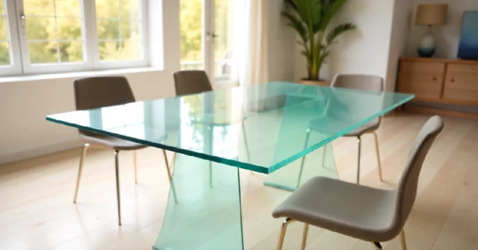 modern glass table addicciando with metal base in bright contemporary living room showing transparent surface and elegant design