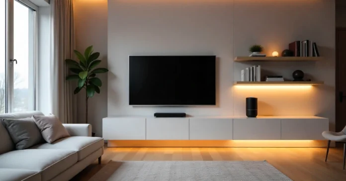 Home Hacks Decoradtech modern living room with smart lighting and voice control setup