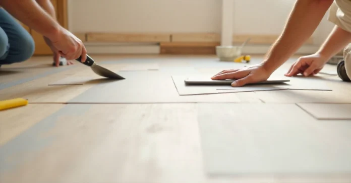 Installer using tools to Install VTC on Wood Subfloor, applying adhesive for a perfect, even surface.
