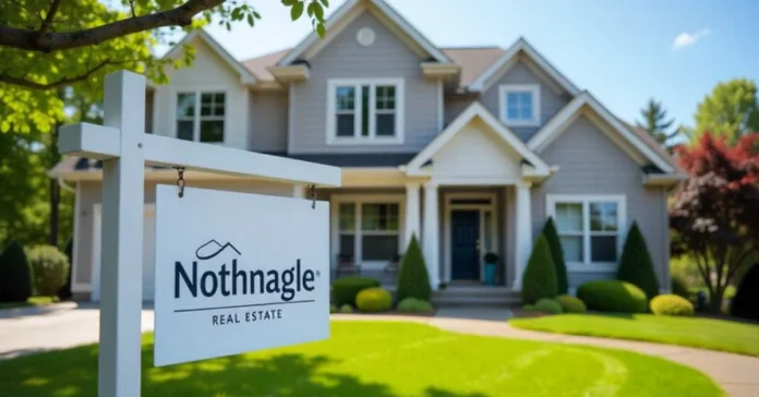 Jim Benton Nothnagle Real Estate agent standing in front of Rochester NY home with branded yard sign