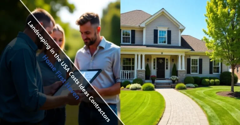 Professional landscaping contractor discussing project costs and design ideas with homeowners in front of USA suburban home yard